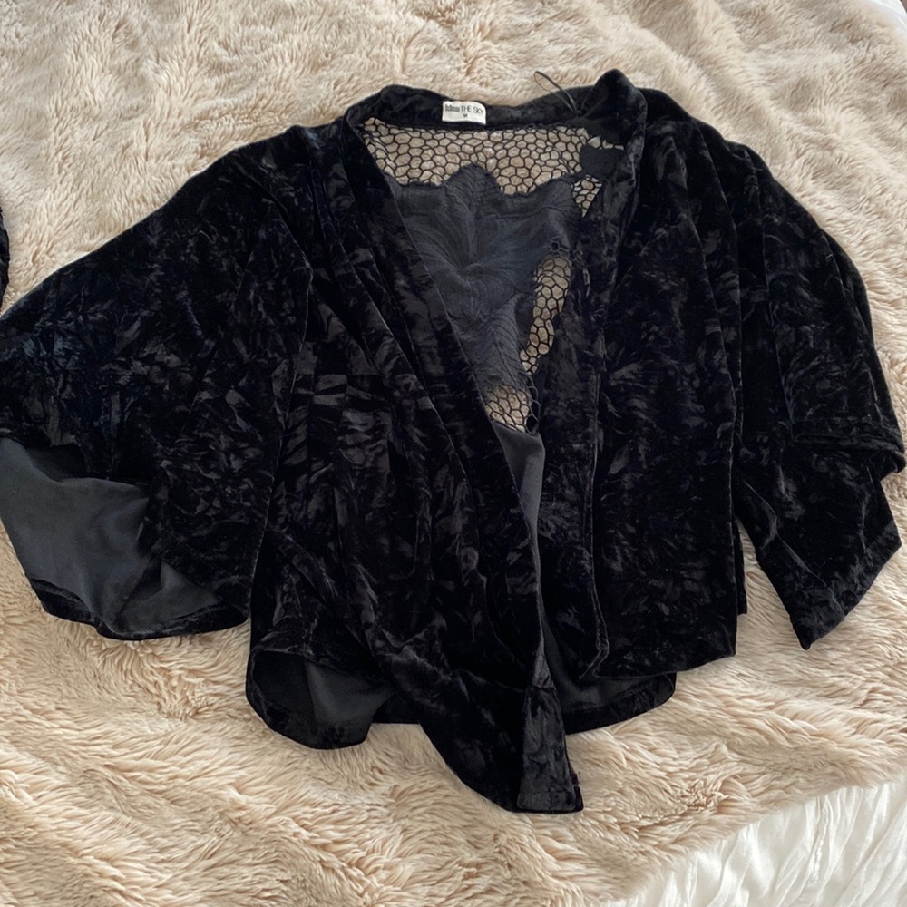 Velvet open front cardigan/shrug ; embroidered back details